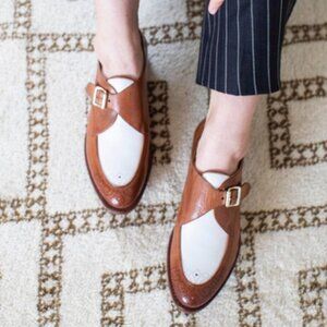 Office of Angela Scott Mr. Georgie Monkstrap Loafers White Brown Sz 37.5 US 7.5